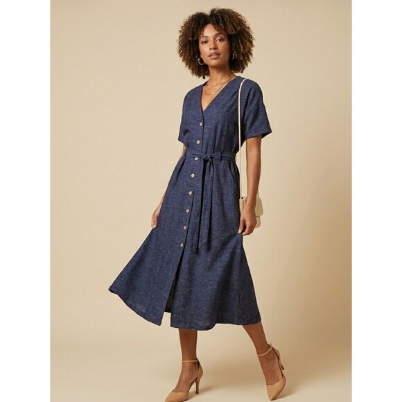 People Tree Dresses & Skirts - People Tree Dark Indigo Organic Cotton Belted Midi Dress US 6 Boho Sustainable